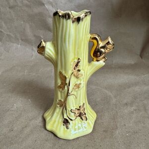 Vintage Yellow Tree Stump with Squirrel 22k Gold Trim Bud Vase